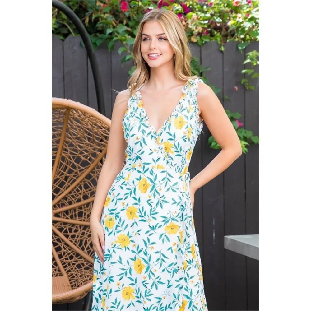 LAST 3️⃣ WHITE YELLOW GREEN FLORAL RUFFLE DETAIL LONG BACK DRESS - Picture 2 of 7